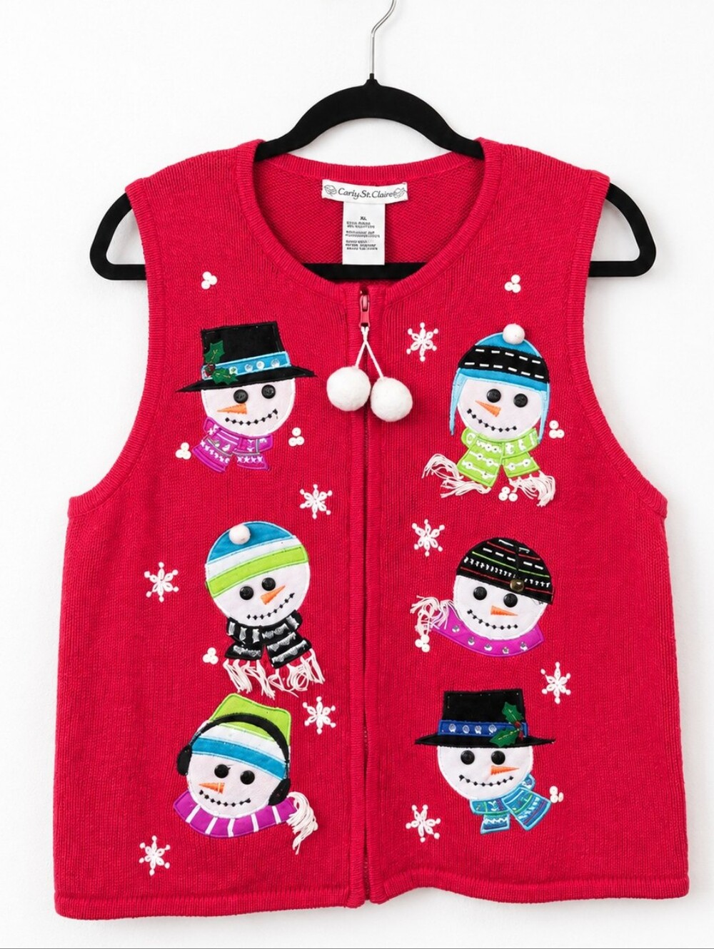 Carly St. Claire Snowman Christmas Sweater Vest XL Red Zip Up Pom Pom Cute